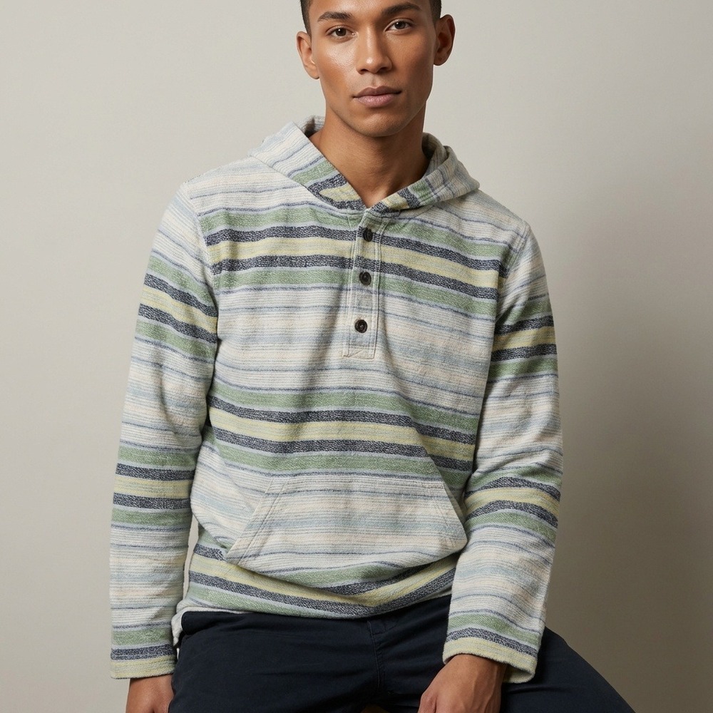 Pendleton Surf Mens Medium‎ Striped Henley Hoodie Blue Green Yellow Cotton Blend